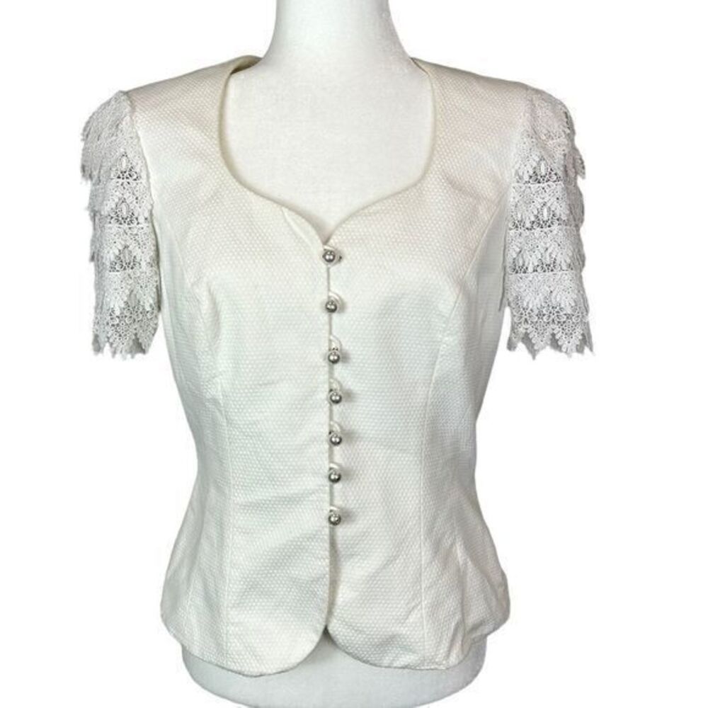 Escada Couture Vintage Pearl Button Structured Corset Blouse Lace Sleeves sz 40